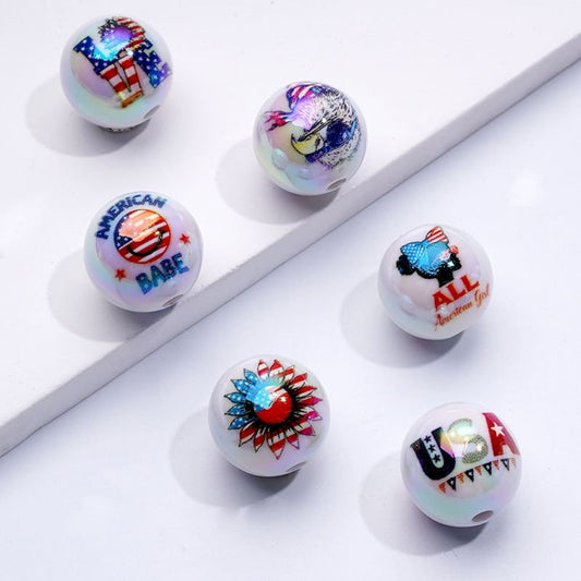 UV Coating USA American National Flag Patriotism Series White Round Acrylic Beads, 16MM, Random Mix