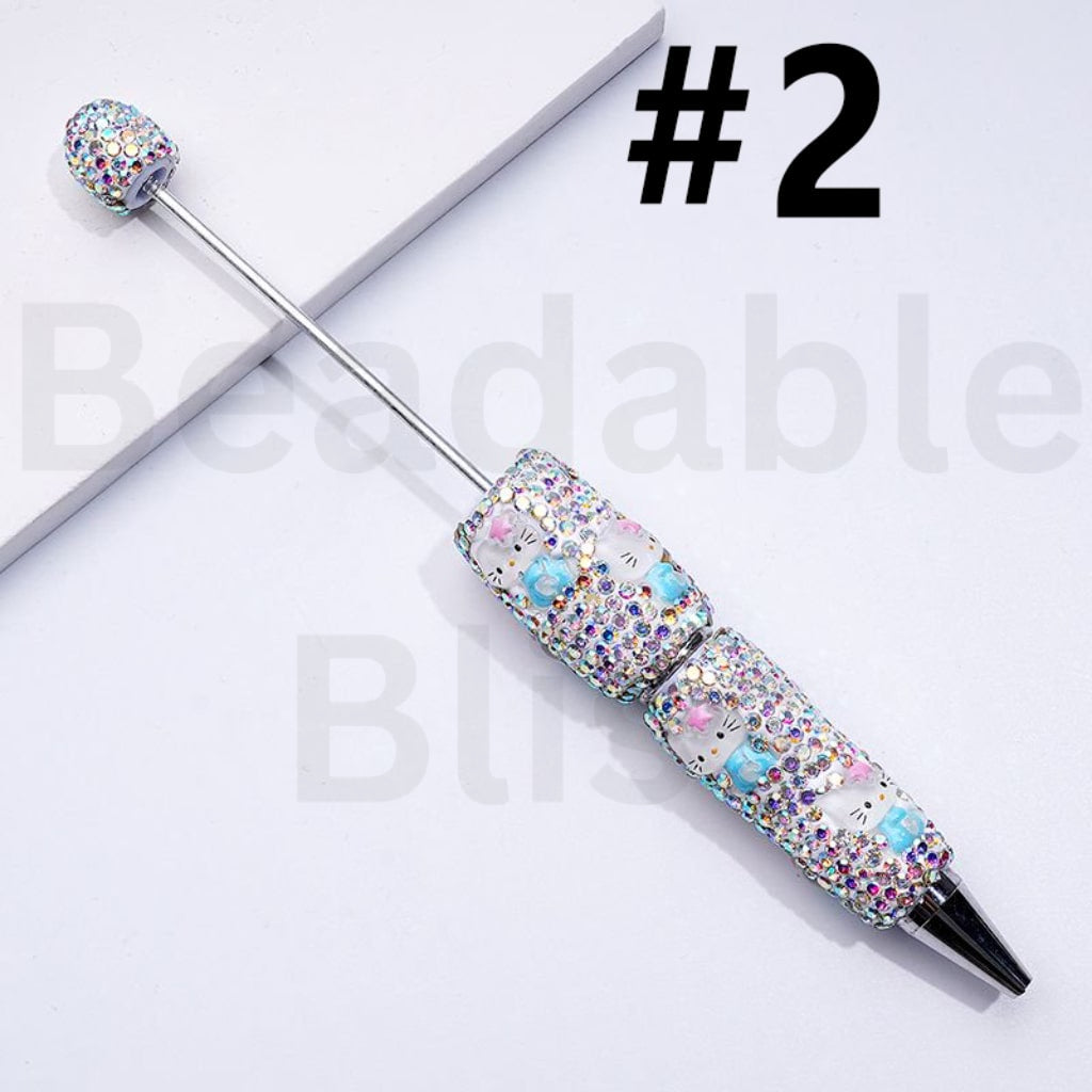 Beadable Clay Pens with Cute HK Kitten with Bows Mini AB Rhinestones Covered the Entire Pen