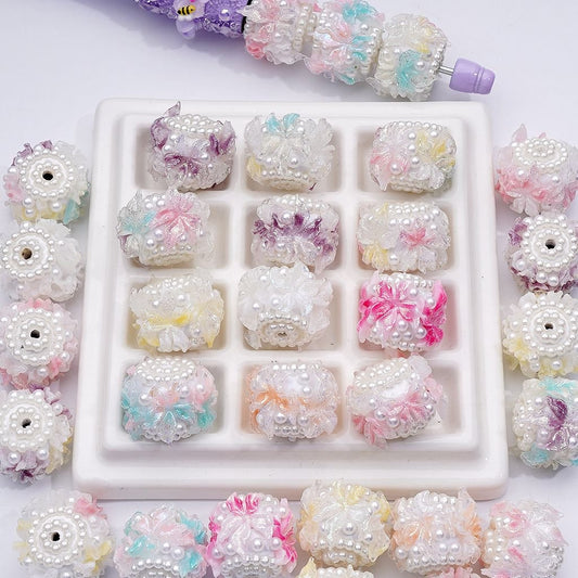 Macaron Color Glitter Soft Flower White Pearls Clay Beads, 20*18MM, Random Mix