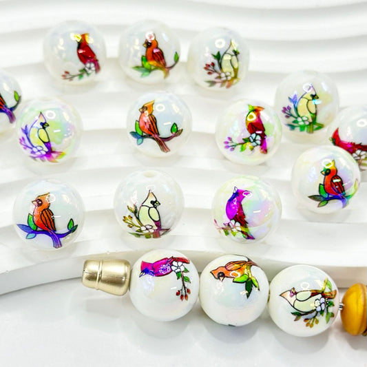 UV Finish Cute Birds White Round Acrylic Beads, Random Mix, 16MM