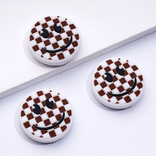 Cute Smile Face White Brown Checkered Round Silicone Focal Beads