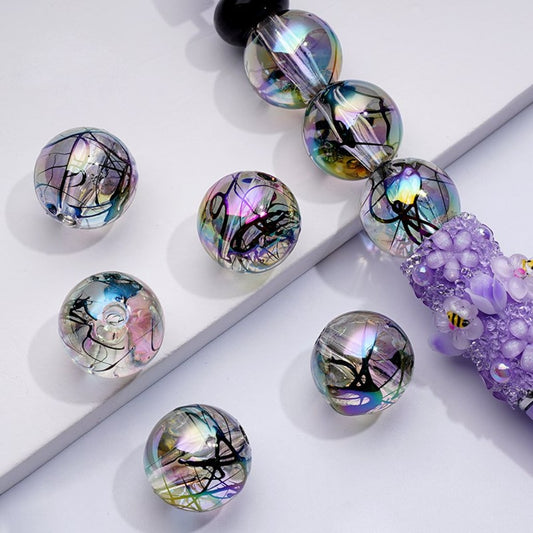 UV Coating Art Black Stripes Graffiti Clear Round Acrylic Beads, 16MM, Random Mix