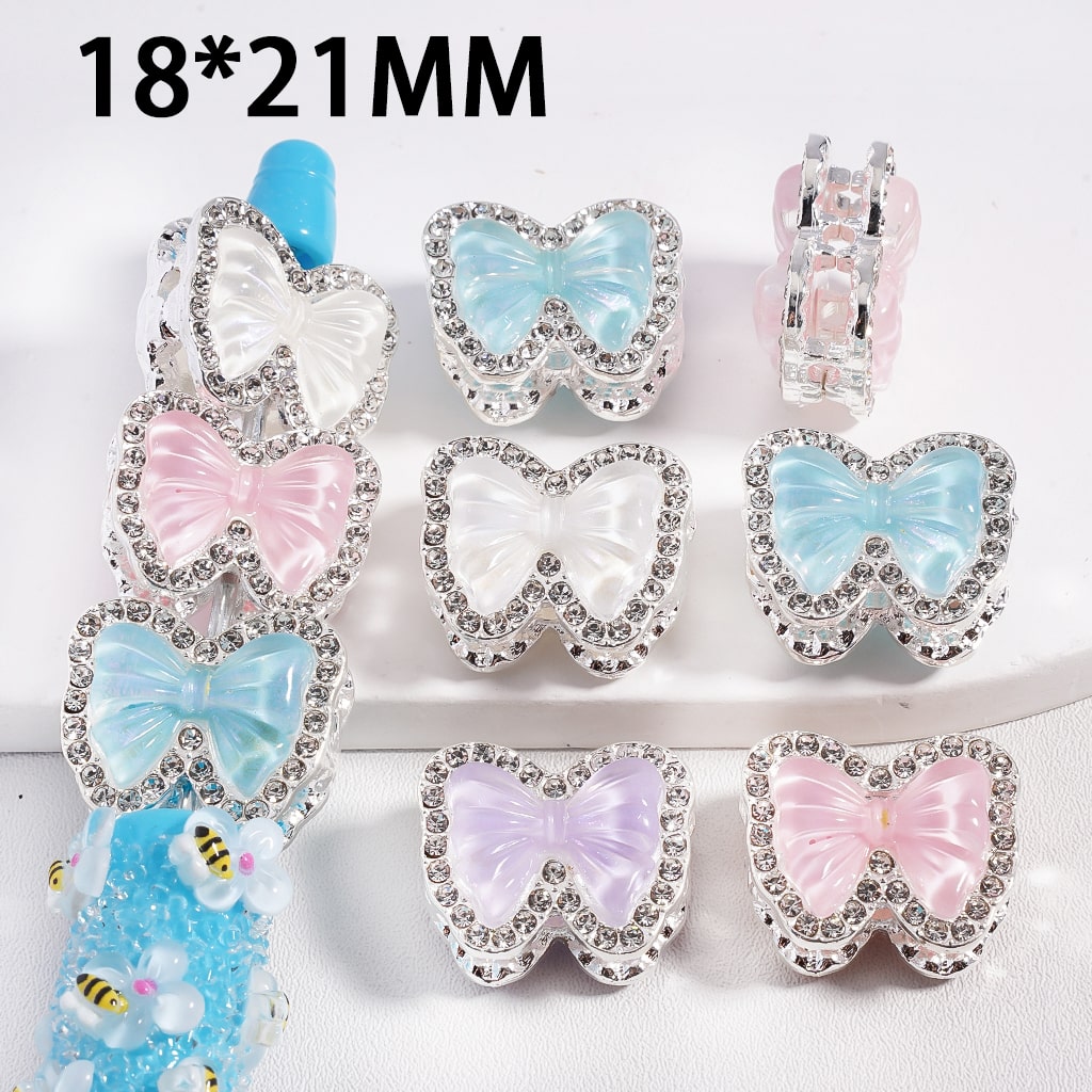 Silver Metal Beads Fancy Bowtie Butterfly with Clear Rhinestones, 18×21MM