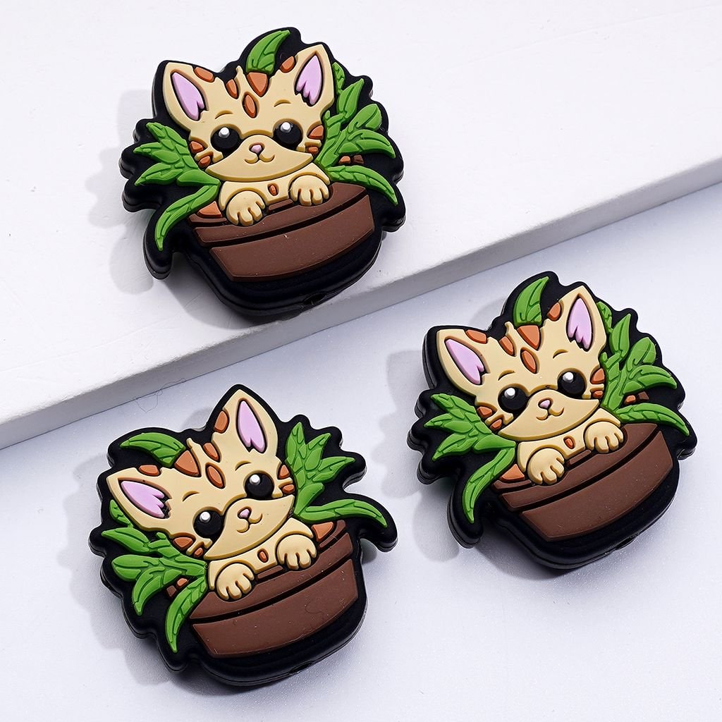 Little Cute Cat Kitten Sits in the Flower Plant Pot Bonsai Silicone Focal Beads