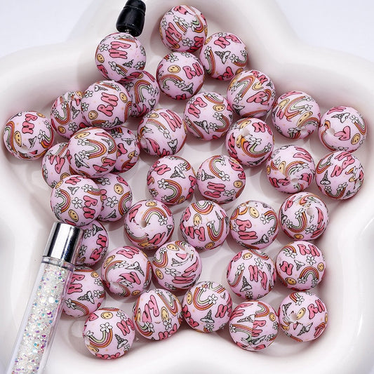 Smile Face Rainbow Flower Angel RN Pink Printed Silicone Beads 15MM, Number Z-00216