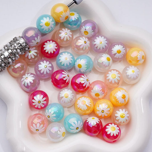 Jelly Color Cute Daisy Flower Round Acrylic Beads, 16MM, Random Mix