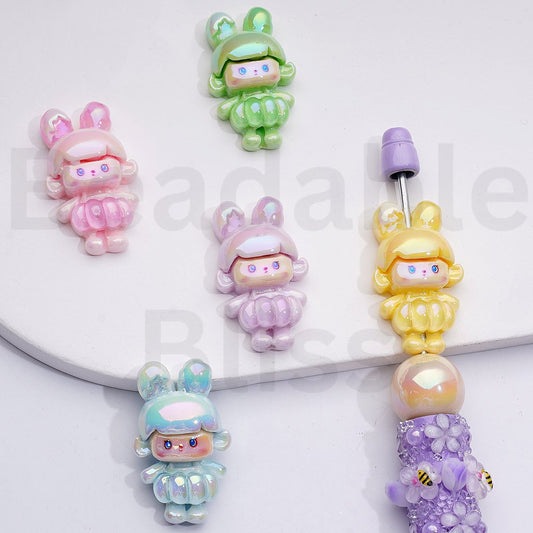 UV Coating Cute Girl with Bunny Ears Acrylic Beads, 34*20MM, Random Mix