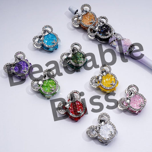 キラキラ輝くファンシーシルバー合金マウスヘッドリボン、クリア＆カラフルなラインストーン粘土ビーズ付き、約30×27MM