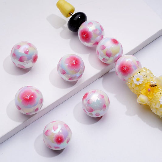 UV Coating Pink Cute Plum Blossom Flower White Round Acrylic Beads, 16MM
