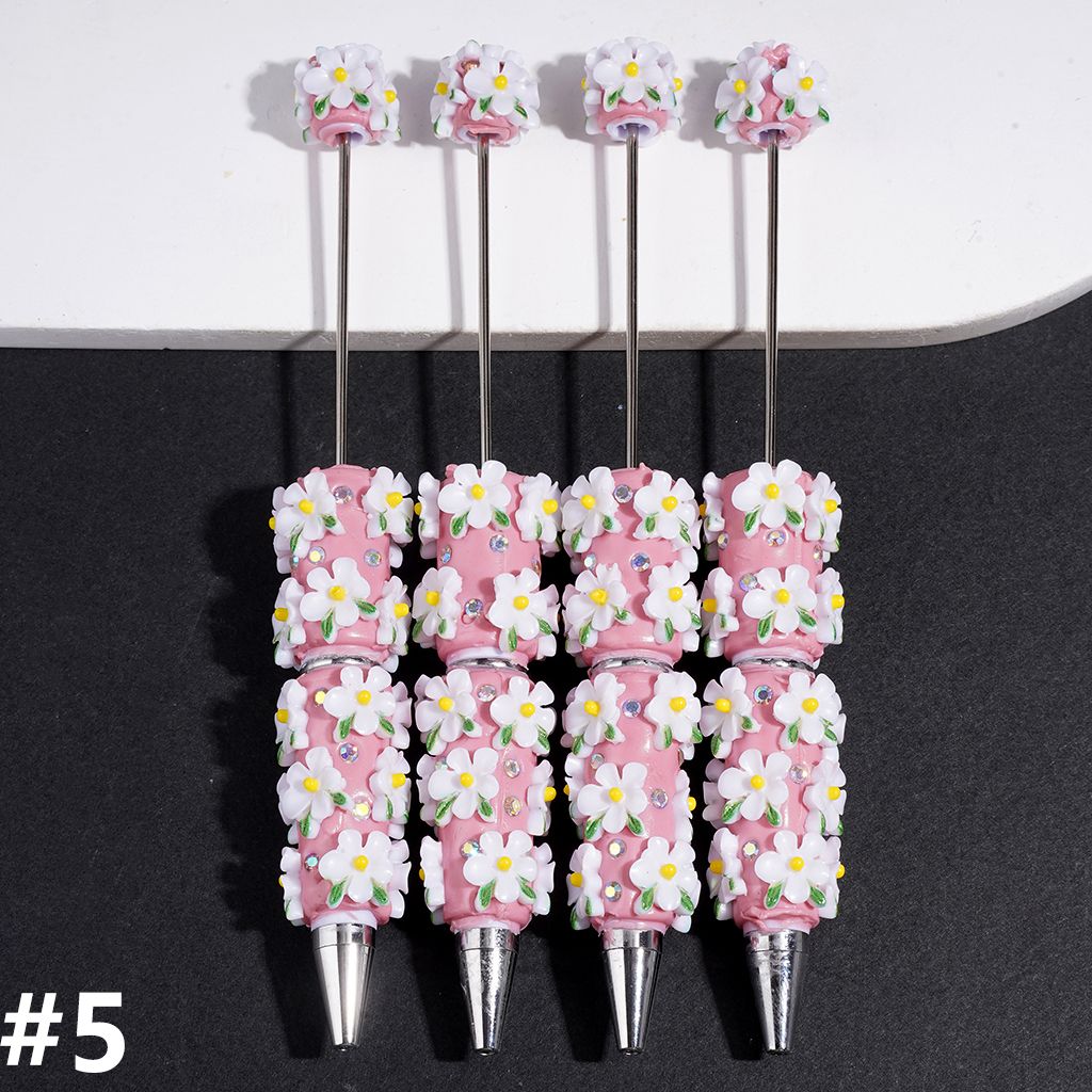 Beadable Clay Pens with Five-Petaled Flower and Green Leaf and Big Cone Shaped Rhinestones, AB Rhinestone, Multi-Color