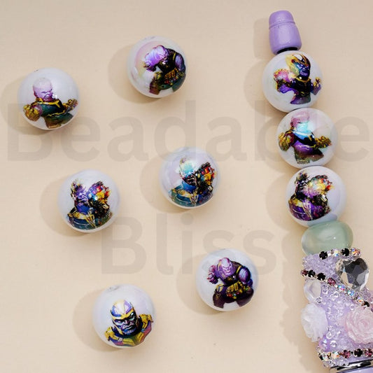 UV Coating Thano Marve Avenge Iron Ma White Round Acrylic Beads, 16MM, Random Mix
