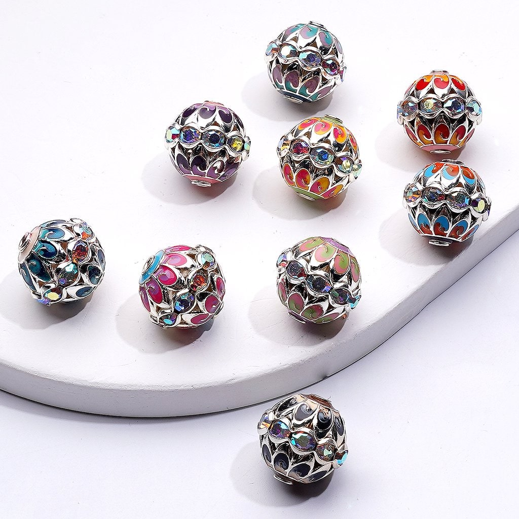 Gold Silver Alloy Nepal Beads with Colorful Paintings AB Rhinestones, Around 15*16MM