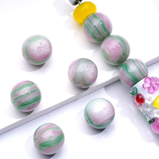 Glossy Art Pink Green Prints Round Acrylic Beads, 16MM, Random Mix