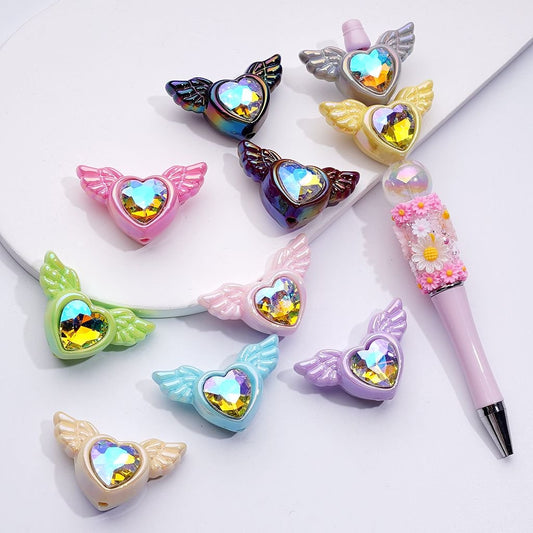 UV Coating Shiny Hearts with Angel's Wings Acrylic Beads K9 Rhinestones Inside, Around 40*26MM