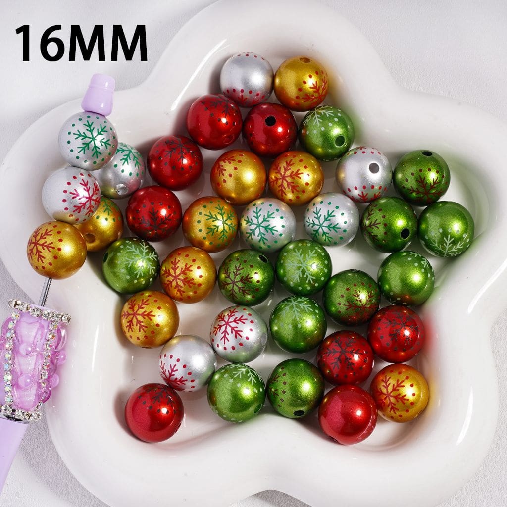 Acrylic Beads with Snowflakes, Metallic Christmas Tree Beads, 16MM, Multi- Color, Random Mix