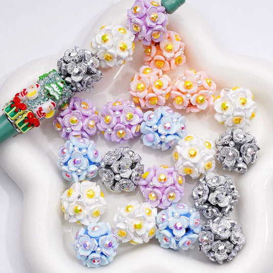 Clay Beads Shiny Cute Three-Petal Flower with Colorful Stamen White Pearls 20MM