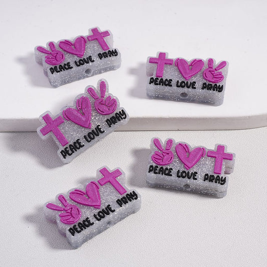 Silicone Focal Beads Peace Love Pray with Purple Cross Heart Hat Silver Dots