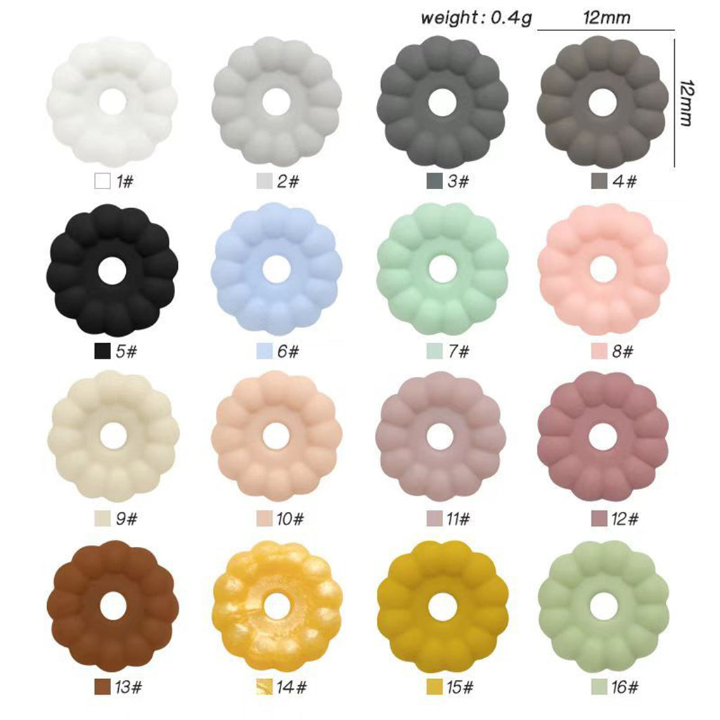 Color swatch of flower-shaped silicone beads with weight and size information.

