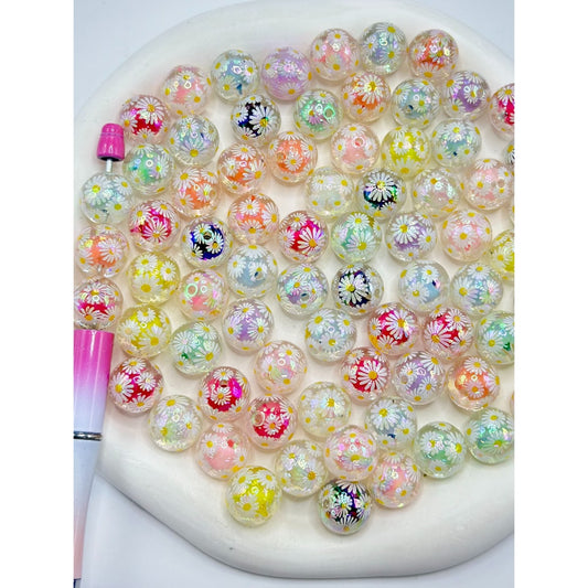 ファンシーな小さなデイジープリントの透明ラウンドアクリルビーズ（内側に小さなビーズ入り）、16MM