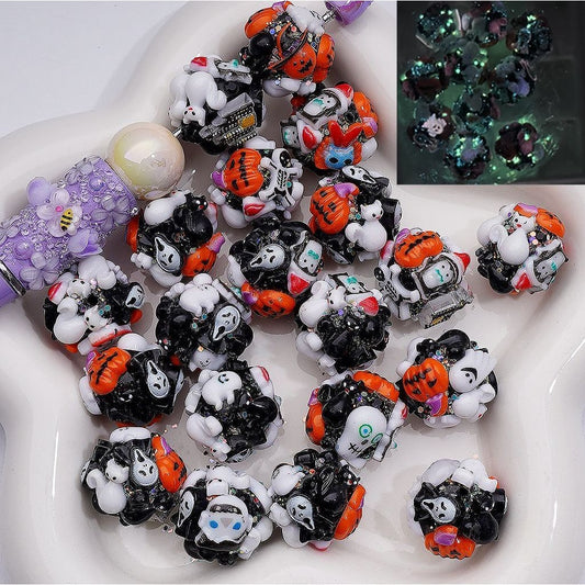 Luminous Halloween Christmas Topics Ghost Pumpkin Penguin with Red Christmas Hat Cat Round Clay Beads, 20MM