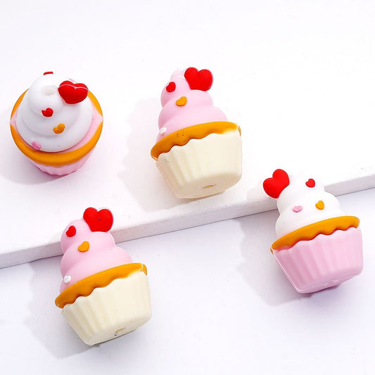 3D Cute Multi-Color Ice Cream Cake Cup with Red Heart Silicone Focal Beads