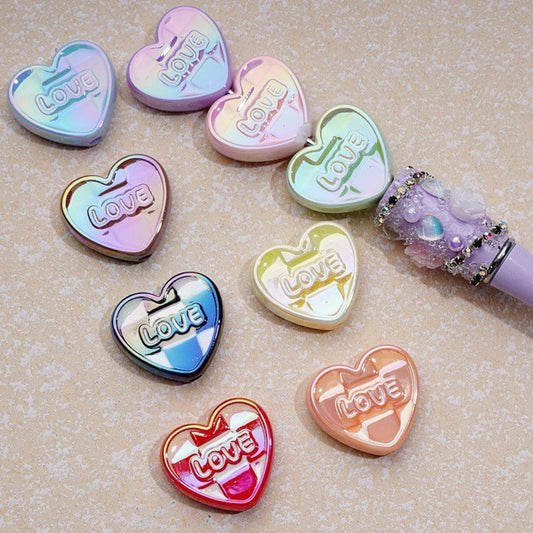 UV Coating Multi-Color Shiny Hearts with Love Acrylic Beads, Around 26*23MM