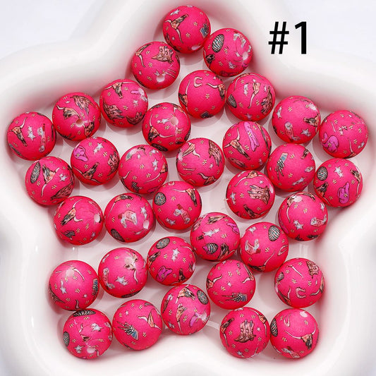 Printed Silicone Beads with Hat Star Ox Head Flower Finger Bone Grid Sphere Cowboy Series Rose Red, 15MM