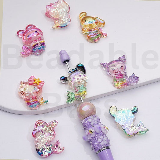 UV Coating Cute Sanri Family Hell Kitt My Melod Pochacc Kurom Pom Pom Puri Mermai Shiny Flakes Inisde Acrylic Beads, Random Mix