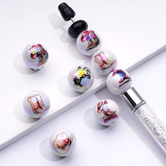 UV Coating Cool Cowgirls Pink Boots Hats White Round Acrylic Beads, 16MM, Random Mix