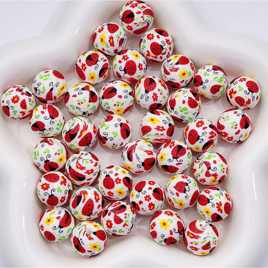 Cute Red Lady Bugs Flowers Printed Silicone Beads 15MM, Number Z-00247