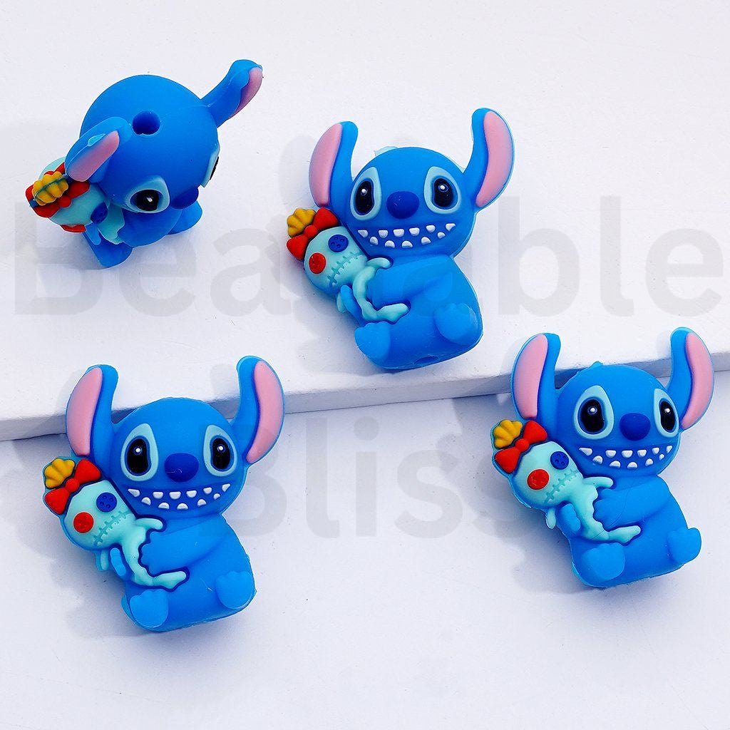 3D Blue Cute Stitc Holds a Little Doll Silicone Focal Beads