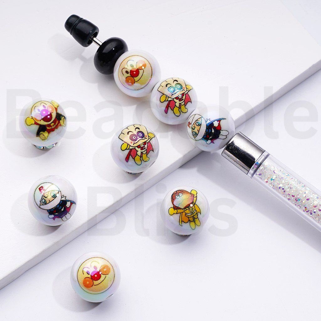 UV Coating Cute Anpanma Anime White Round Acrylic Beads, 16MM, Random Mix