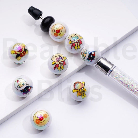 UV Coating Cute Anpanma Anime White Round Acrylic Beads, 16MM, Random Mix