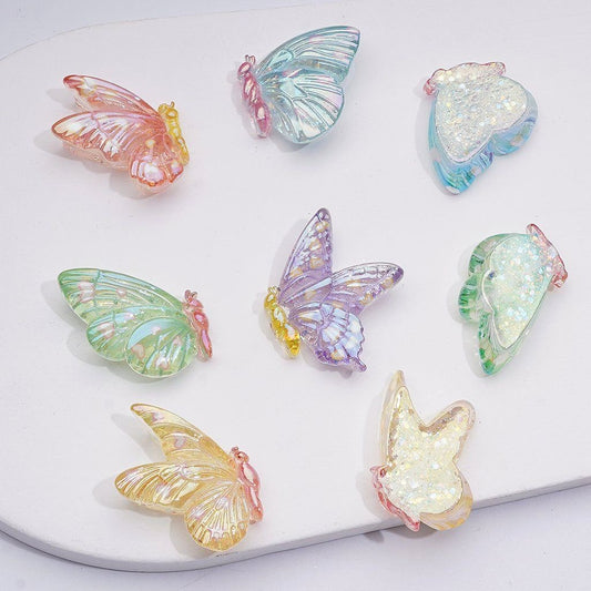 UV Coating Cute Butterfly Colorful Flakes Inisde Acrylic Beads, 31*26MM, Random Mix