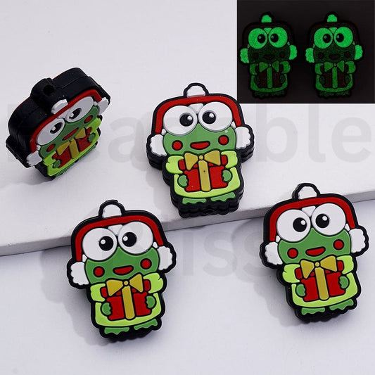 Luminous Mini Cute Green Frog Keropp Sanri Holds Christams Gifts Silicone Focal Beads