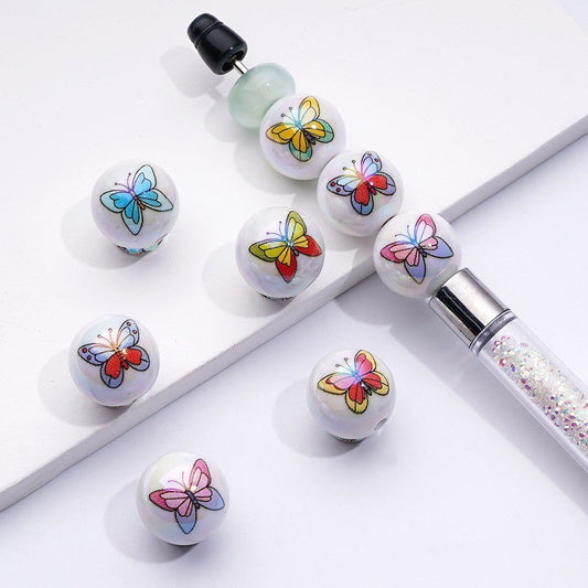UV Coating Cute Colorful Butterflies White Round Acrylic Beads, 16MM, Random Mix