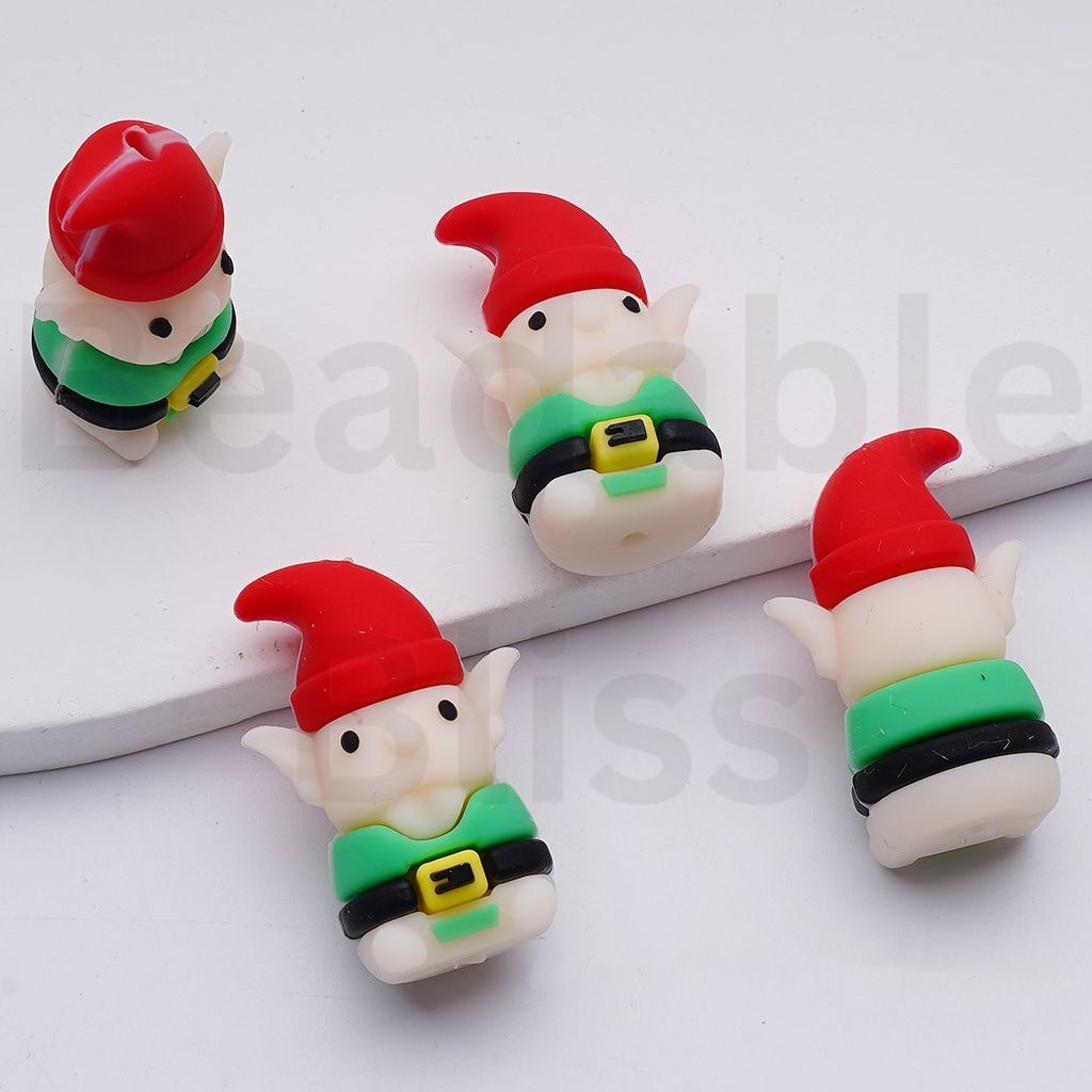 3D Little Cute Christmas El With Red Hat  Silicone Focal Beads