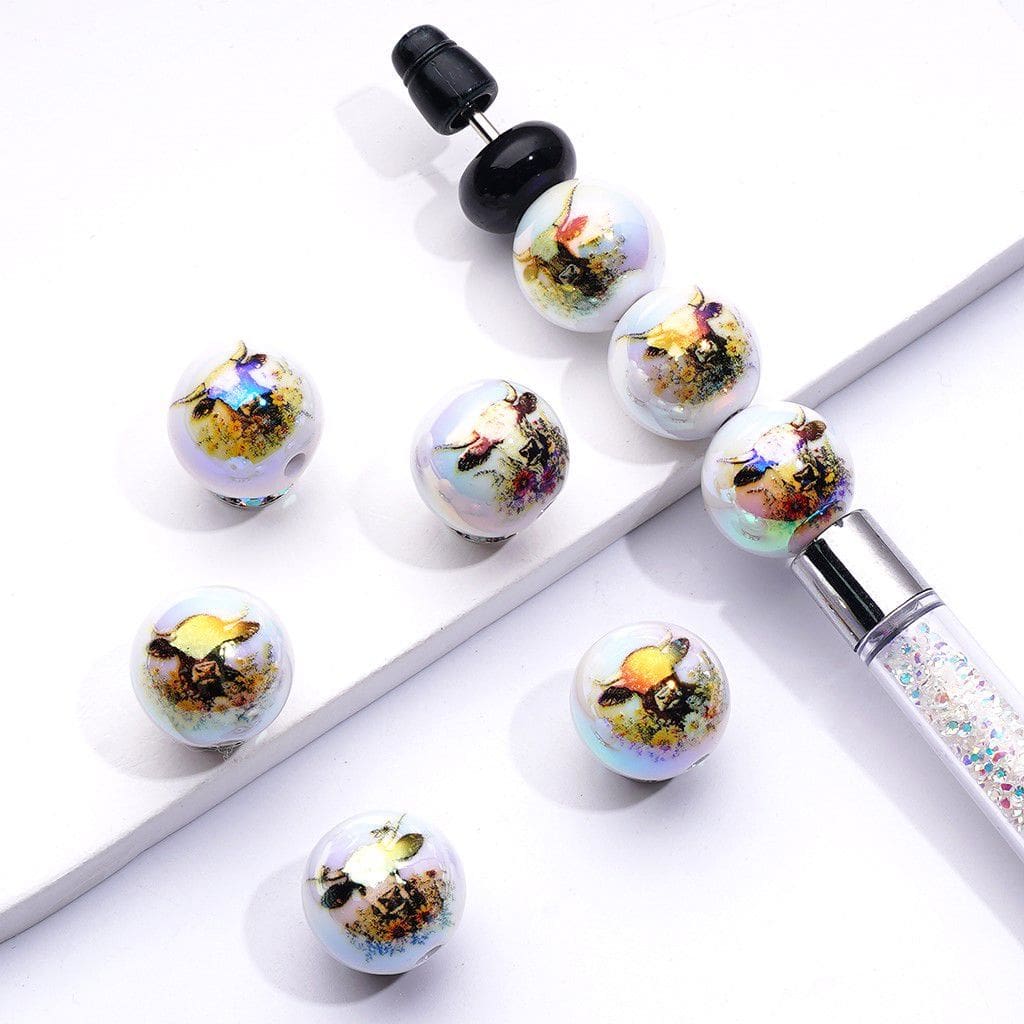 UV Coating Cute Cow Yellow Flowers White Round Acrylic Beads, 16MM, Random Mix