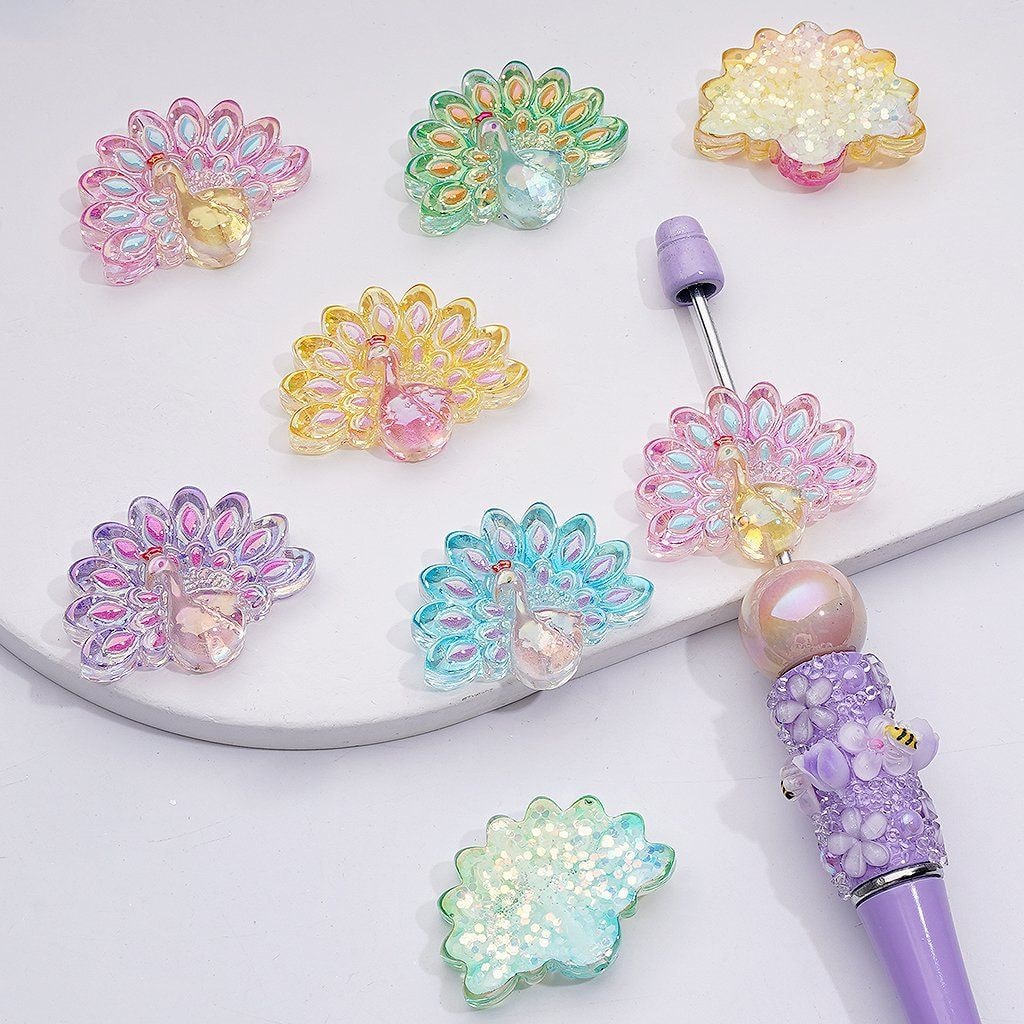 UV Coating Cute Peacock Colorful Flakes Inisde Acrylic Beads, 31*23MM, Random Mix