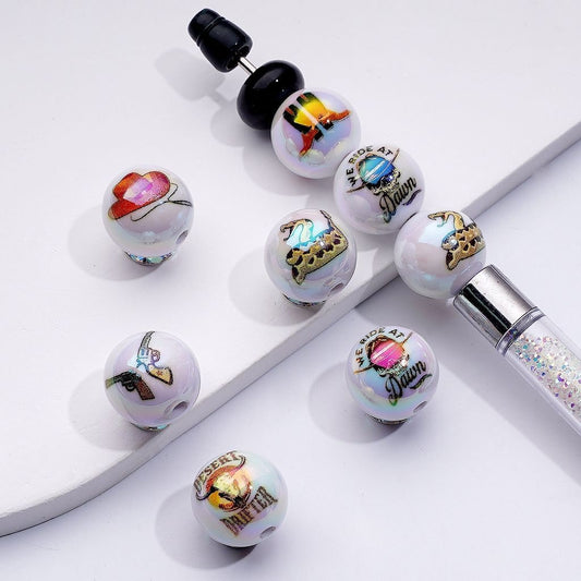 UV Coating Desert Drifter We Ride at Dawn Cowboy White Round Acrylic Beads, 16MM, Random Mix