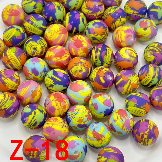 Colorful Graffiti Round Printed Silicone Beads 15mm, Number Z-18