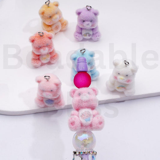 Cute Flocked Fluffy Care Bea Acrylic Beads, Around 18*28MM, Random Mix