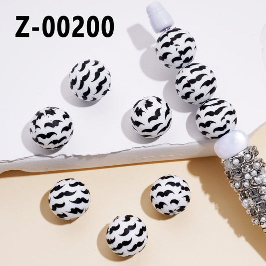 黒口ひげのお父さん、お父さん、白プリントシリコンビーズ 15MM、番号 Z-00200