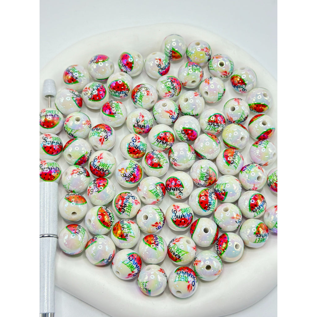 White UV Coating Acrylic Beads with Sliced Watermelon Prints, Random Mix, 16MM