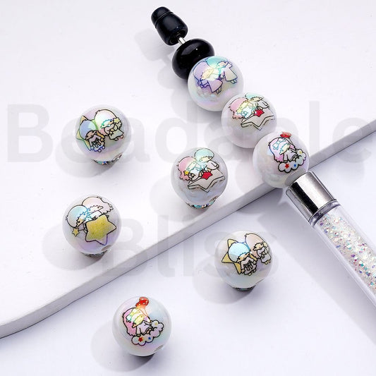 UV Coating Cute Babies Little Twin Sta Sanri Family White Round Acrylic Beads, 16MM, Random Mix