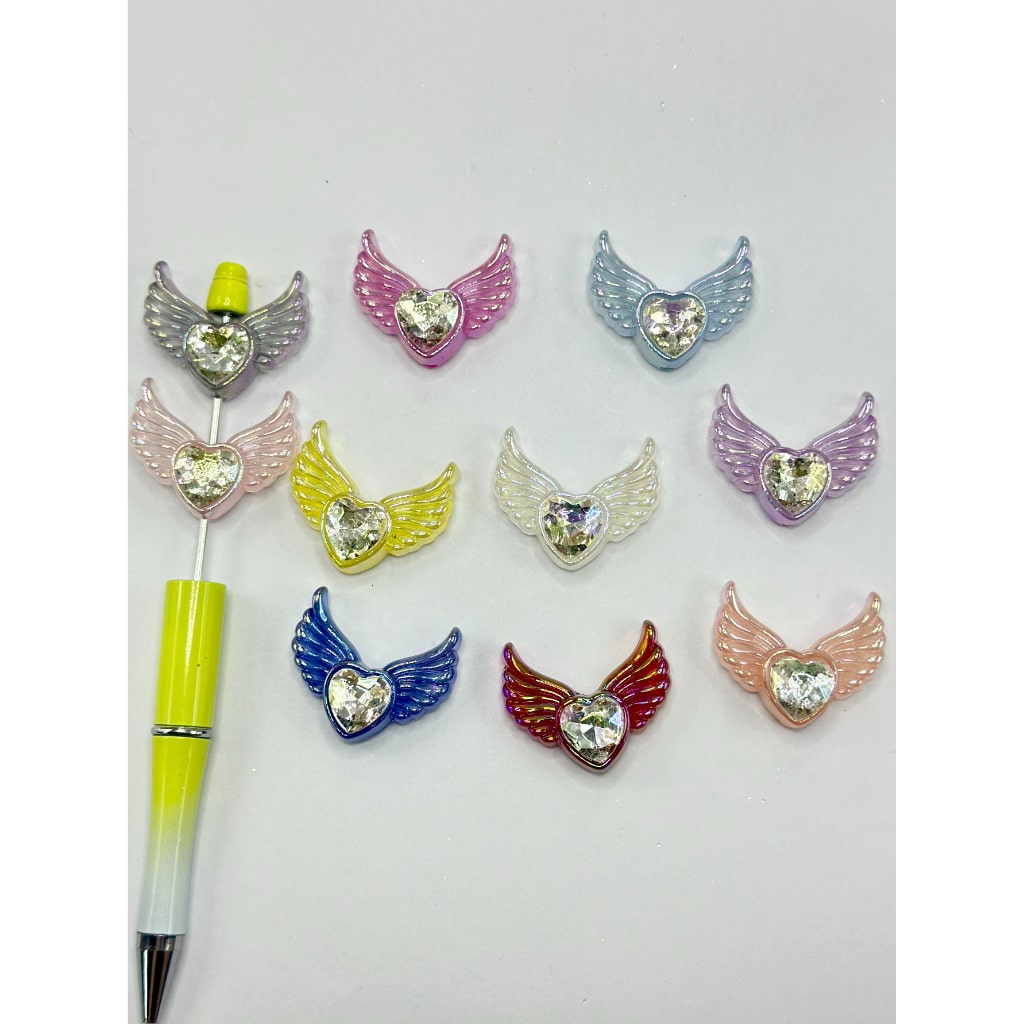 Angel Wing Beads, Acrylic Beads in Angel's Wing Shape with Heart Rhinestone, Size 33*28mm