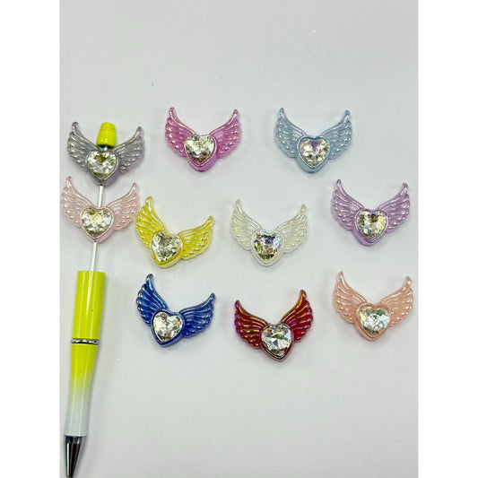 Angel Wing Beads, Acrylic Beads in Angel's Wing Shape with Heart Rhinestone, Size 33*28mm