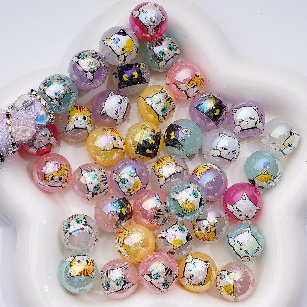 UV Coating Jelly Color Cute Cat Round Acrylic Beads, 16MM, Random Mix
