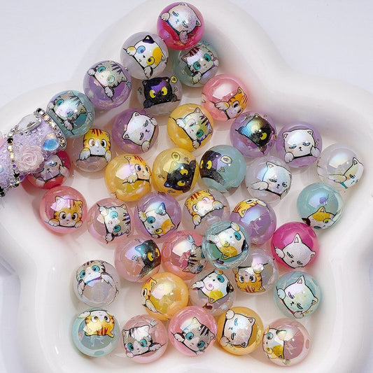 UV Coating Jelly Color Cute Cat Round Acrylic Beads, 16MM, Random Mix