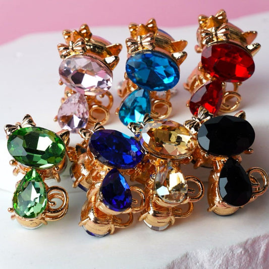 Vivid Gold & Silver Alloy Cat with Colorful Rhinestones Beads,  Around 26*20MM, Random Mix